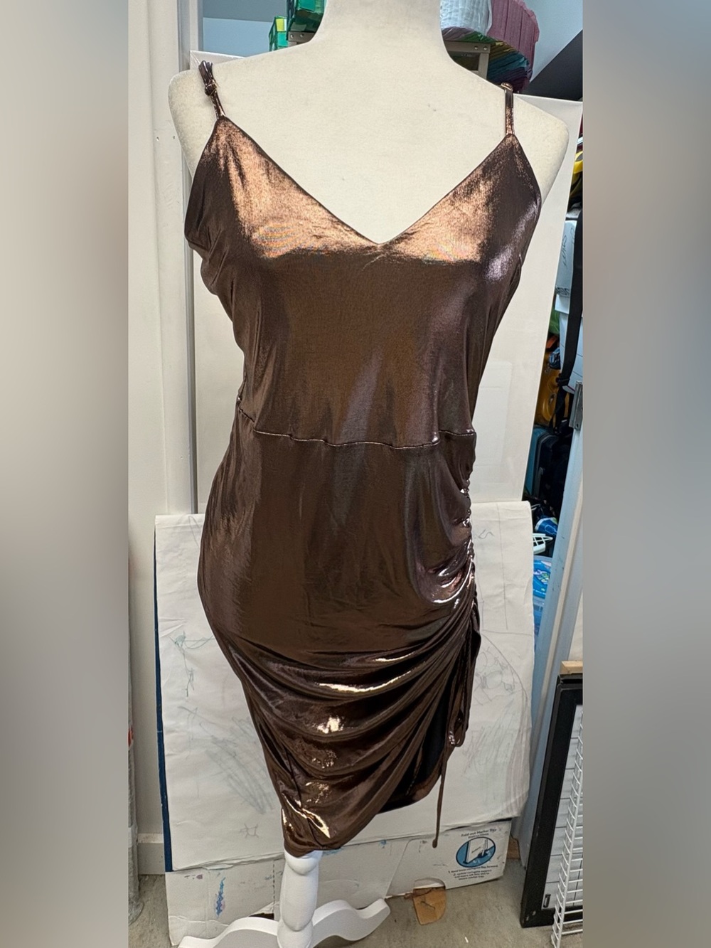 Shimmery bronze Brown Slip Dress with Adjustable Straps and side tie